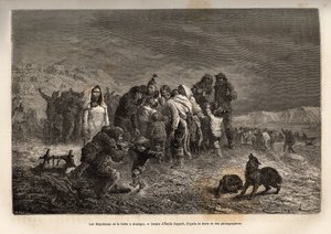 Zdumienie Eskimali odkrywających pozytywki w okolicach Friedrichsthal (Grenlandia), rytowanych według rysunku Emile
