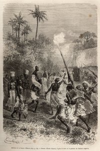 Przybycie narzeczonej Hamisa do wioski Hara (Zambia), kalifourchon na ramieniu mężczyzny, w towarzystwie tuzina wyznawców niosących na głowie mały koszyk z prowiantem, wyryty według rysunku Emile