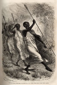 Przybycie Kabba Rega, króla Ounyoro (wschodni Sudan) i wodzów jego dworu, do obozu Sir Bakera z oficjalną wizytą, wyryte według rysunku Emile