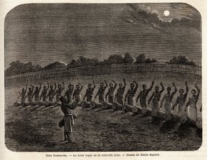 Ceremonia wstawienia bębnów na wschody księżyca na czele plemienia Rumanika w Karague (na zachód od Jeziora Wiktorii, w dzisiejszym Zimbabwe), rysunek Emile Bayard (1837-1891), ilustrujący podróż kapitana Speke odkrycia w Afryce od 186 autorstwa Emile Antoine Bayard