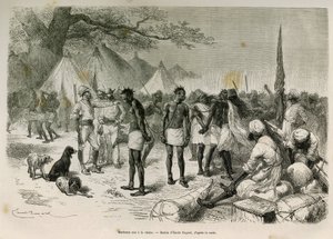 Bezczelni przewoźnicy ekspedycji wciągnięci do łańcucha, rys. Emile Bayard, aby zilustrować tę historię: Przez Afrykę, od Zanzibaru (Tanzania) do Bengueli (Angola), od 1872 do 1876, przez porucznika V.H.Camerona. Grawerowanie w Le tour du monde autorstwa Emile Antoine Bayard