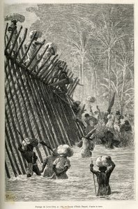 Przejście ekspedycji przez rzekę Lovoi (lub rzekę diabła) (region Katanga, Kongo), rys. Emile Bayard, aby zilustrować podróż przez Afrykę, z Zanzibaru (Tanzania) do Bengueli (Angola), w latach 1873-1876 , przez brytyjskiego dowódcę V.L. autorstwa Emile Antoine Bayard