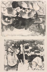 Les Bretonneries: Bretonki robią stosy siana (Bretonnes Faisant les Foins) i wesele w Bretanii (La Noce en Bretange) autorstwa Emile Bernard