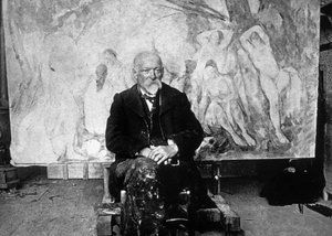 Paul Cezanne (1839-1906) francuski malarz w 1904 przed jednym ze swoich płócien przedstawiających pływaków (zdjęcie czarno-białe)