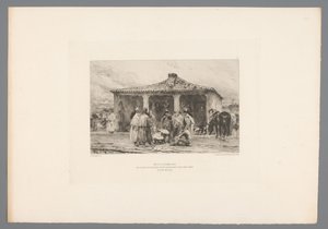 Żołnierz grupy w jednym obozie Metz 8 października 1870/ Biwak odosobnionej kawalerii na Place Saint Simon w Fort Moselle (tytuł na obiekcie) Francja etsen uit 1875 (tytuł serii) Akwaforta w 1875 (tytuł serii) autorstwa Emile Boilvin