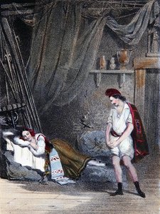 Scena przedstawiająca niemą Fenellę śpiącą w chacie z bratem Masaniello: akt IV z opery Aubera „La Muette de Portici”, ok. 1835 (kolor lito) autorstwa Emile Deshays