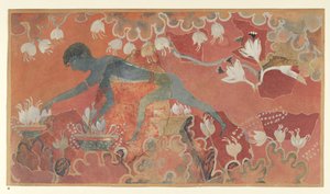 Pintura do afresco do Macaco Azul Saffron Gatherer do Palácio de Minos em Knossos (Evans Fresco Drawing L/3 a)), por volta de 1921 (papel, pigmento)polonês
