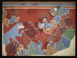 Malowanie Błękitnej Małpy na fresku Skalistego Krajobrazu z Domu Fresków w Knossos (Evans Fresco Drawing C/6), około 1928 (papier, pigment)