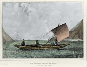 Balsa lub szalupa na jeziorze Titicaca (Boliwia). Litografia Emile Lassalle (1813-1871) - w „Podróży w Ameryce Południowej” Alcide D