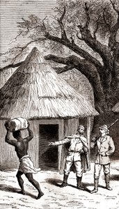Odkrywcy i tragarze przed afrykańską chatą, 1887 (akwaforta) autorstwa Emile Mas