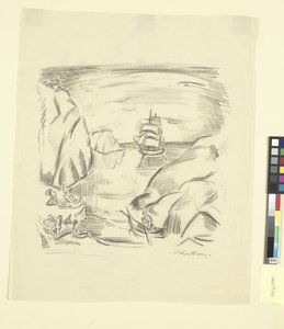 Zatoka morska z żaglowcem i kąpiącymi się kobietami autorstwa Emile Othon Friesz