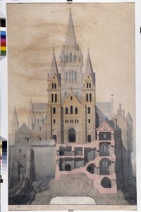 Architektura gotycka: fasada kościoła i rozbiór domów klasztornych. Rysunek Miejskiego Muzeum Avranches (Manche)