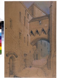 Początek wielkiego stopnia i umocnienia mostu. Mont Saint Michel. Rysunek Emile Sagot. Miejskie Muzeum Avranches (Manche)
