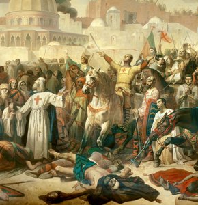 Szczegóły: Pierwsza krucjata: „” Zdobycie Jerozolimy przez skrzyżowania w dniu 15.07.1099”” Godefroy de Bouillon udzielający łaski Bogu w obecności Piotra Pustelnika (lub Pustelnika