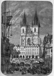 Architektura gotycka: widok zewnętrzny kościoła Matki Boskiej Tyńskiej (Teynkirche) w Pradze. Jego budowa trwała od połowy XIV do XVI wieku. Grawerowanie autorstwa Theronda w „”Le Magasin Picturesque””