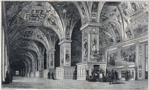 Widok wnętrza Biblioteki Watykańskiej w XVIII wieku. Grawer autorstwa Theronda z rysunku Francois Panniniego.