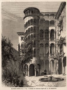 La Scala Antica, rysunek Theronda, ilustrujący podróż Adalberta de Beaumont do Wenecji, ok. 1850 r. Grawer w „”Le tour du monde””, pod redakcją Edouarda Chartona autorstwa Emile Theodore Therond