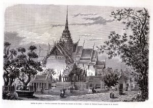 Ogród pałacowy. Pawilon zawierający prochy ostatniego króla Syjamu. Rysunek Théronda z albumu M. Mouhota. “Wycieczka po świecie” autorstwa Emile Theodore Therond