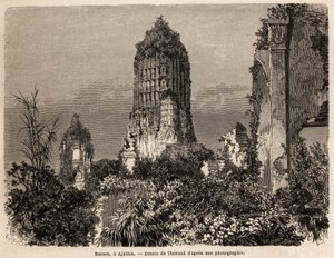 Ruiny wykonane w roślinności dżungli w Ajuthia (Tajlandia), narysowane przez Theronda, aby zilustrować podróż przez królestwa Syjamu, Kambodży i Laosu w latach 1858-1861 przez Henri Mouhota. Grawerowanie w „”Le tour du monde””, pod redakcją Edouarda
