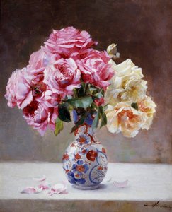 Martwa natura z różami w wazonie. Obraz autorstwa Emile Vernon (1872-1919) Kolekcja prywatna.