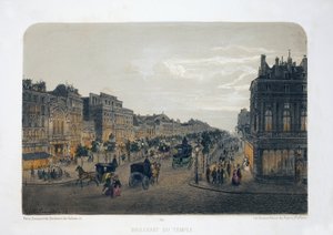 Boulevard du Temple, Paryż. Litografia akwarela, ilustracja E.de la Tramblaiz, w „Albumie, pamiątki z Paryża”, redaktor Daziaro, Paryż autorstwa Emile de la Tramblais