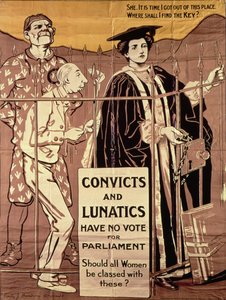„Skazani i szaleńcy nie głosują na parlament. Czy wszystkie kobiety powinny być z nimi klasyfikowane?”, plakat propagandowy sufrażystek, ok. 1910 r. (lito) autorstwa Emily J. Harding Andrews