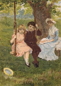 Chłopiec i dziewczynka siedzący na huśtawce (chromolitho)