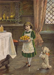 Dziewczyna niosąca miskę owoców (chromolitho)