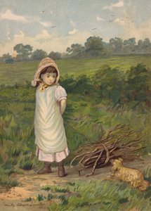 Dziewczyna zbierająca drewno na opał z psem (chromolitho)