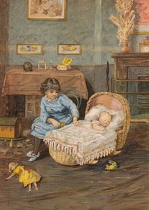 Dziewczynka pilnująca dziecka w łóżeczku (chromolitho)