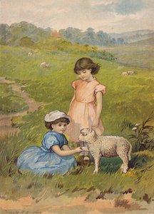 Dwie dziewczynki głaszczące owieczkę (chromolitho)