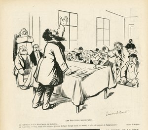 Ilustracja przedstawiająca Emmanuela Barceta (1870-1940) w Le Rire, 09.05.08 – Wybory samorządowe – Wybory, Spotkanie polityczne, zebranie, zebranie wyborcze, wybory samorządowe