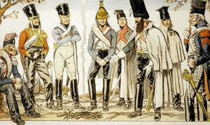 Armee Francaise 1810 od lewej do prawej koń-leger lancier Houzard- jeździec Dutrain Dragon