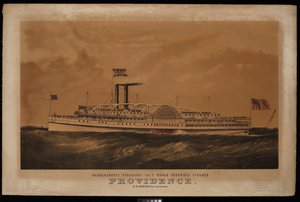 Znany na całym świecie parowiec Narragansett Steamship Co. o nazwie Providence B M Simmons. Dowódca... (litografia, kolorowana) autorstwa Endicott Endicott