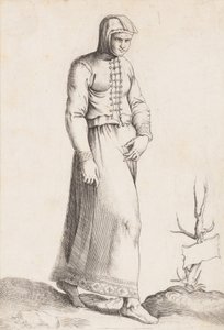 Tabliczka kostiumowa: Kobieta w stroju z kapturem, ca. 1557-58. autorstwa Enea Vico