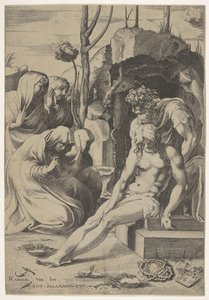 Złożenie do grobu Chrystusa, którego pierś chwyta Józef z Arymatei, z dwoma klęczącymi i..., 1543. autorstwa Enea Vico