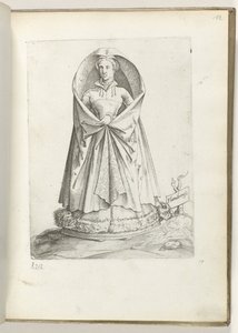 Flandria (tytuł na obiekcie) Een vrouw uit Vlaanderen, gekleed volgens de mode van ca. 1550 Postawy różnych narodów naszych czasów (tytuł serii) autorstwa Enea Vico