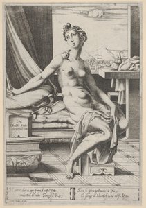 Lukrecja naga i siedząca przed oknem ze sztyletem w prawej ręce i trzymająca d..., ca. 1535-67.
