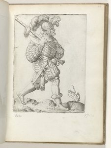Niemiecki żołnierz (tytuł na obiekcie) Duitse soldaat, gekleed volgens de mode van ca. 1550 Postawy różnych narodów naszych czasów (tytuł serii) autorstwa Enea Vico