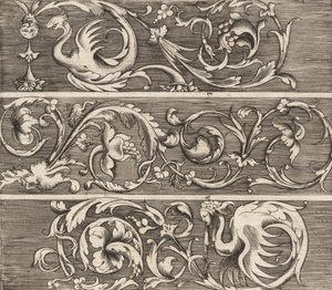 Trzy fryzy z ozdobnymi liśćmi, ca. 1541-43. autorstwa Enea Vico