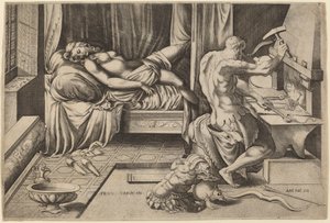 Wenus leżąca z Wulkanem w jego kuźni autorstwa Enea Vico after Parmigianino
