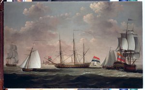 East Indiaman "t Slot ter Hooge" i inne statki przy silnej bryzie w pobliżu holenderskiego portu, prawdopodobnie Flushing