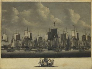 Flota opuszczająca port Vlissingen, 1804 r. autorstwa Engel Hoogerheyden