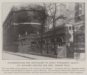 Zakwaterowanie dla podróżnych przez Early Workmens Trains, All Hallows Shelter dla mężczyzn, London Wall autorstwa English Photographer