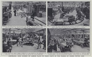 Montaż, jak podział pracy odgrywa wiele ról w tworzeniu Morris Motor Cars (zdjęcie czarno-białe) autorstwa English Photographer