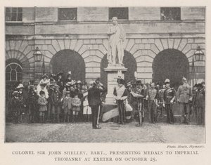 Pułkownik Sir John Shelley, Baronet, wręcza medale Imperial Yeomanry w Exeter w dniu 25 października autorstwa English Photographer