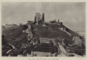 Zamek Corfe, z wieży kościelnej, Dorsetshire
