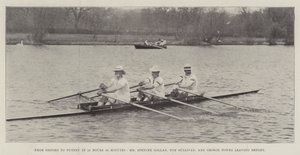 Z Oksfordu do Putney w 13 godzin 59 minut, pan Spencer Gollan, Tom Sullivan i George Towns opuszczają Henley autorstwa English Photographer