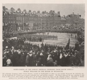 Powrót do domu cesarskiej Yeomanry z Dorset z Republiki Południowej Afryki, publiczne powitanie burmistrza Weymouth autorstwa English Photographer