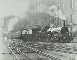 Ostatni pociąg szerokotorowy wyjeżdżający ze stacji Paddington, 1892 autorstwa English Photographer